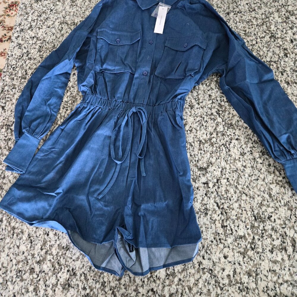 Good Time USA Women's Denim Color Button One Piece Romper Shorts Small NWT